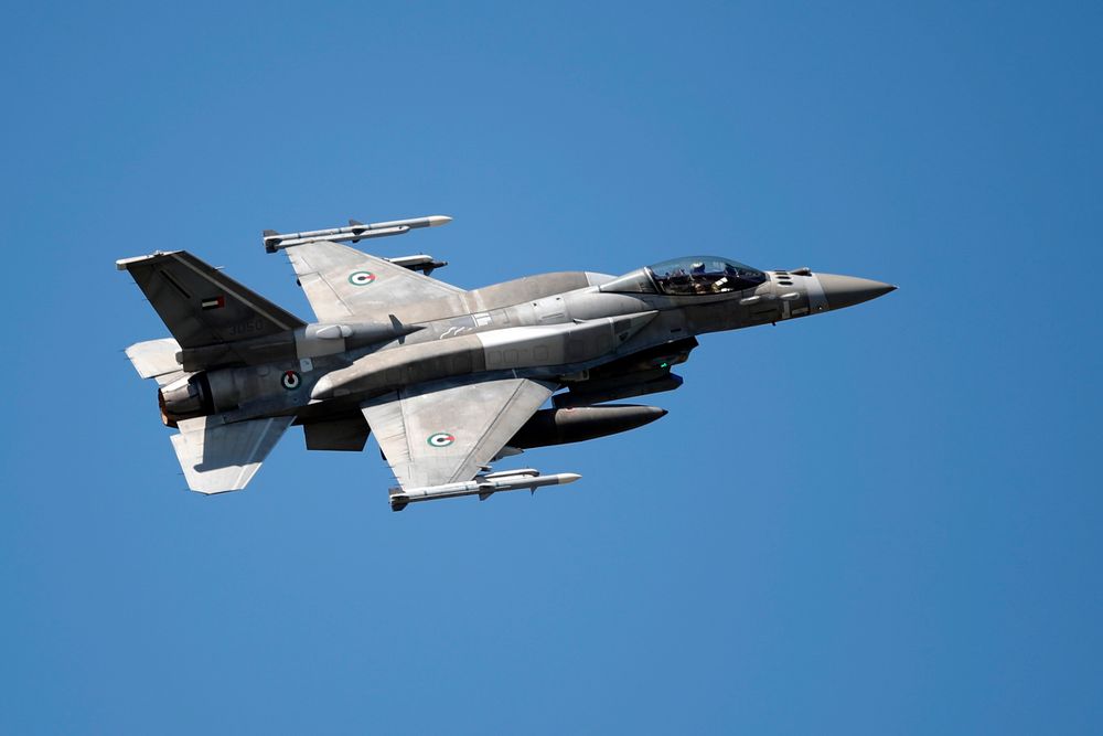 A United Arab Emirates fighter jet F16 flies during the international military exercise Iniochos at Andravida airbase, about 279 kilometers southwest of Athens, Tuesday, April 20, 2021.