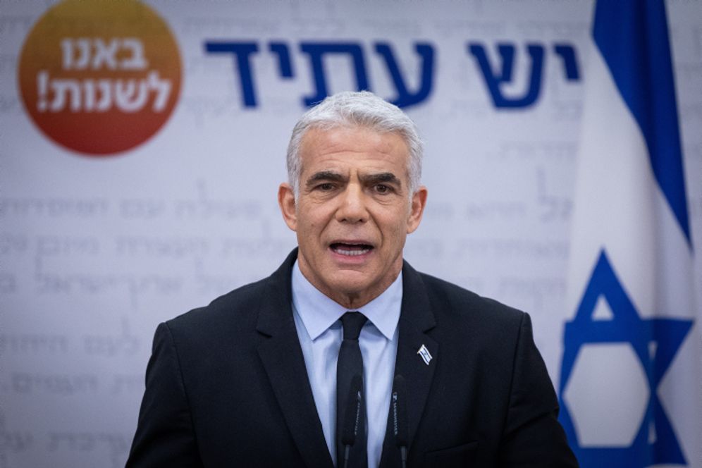 Yonatan Sindel/Flash90 Israeli Prime Minister and Head of the Yesh Atid party Yair Lapid speaks during a faction meeting at the Knesset, the Israeli parliament in Jerusalem, on November 21, 2022.