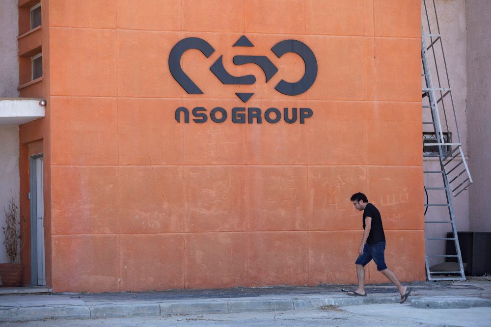 A logo adorns a wall on a branch of the Israeli NSO Group company, near the southern Israeli town of Sapir, August 24, 2021.
