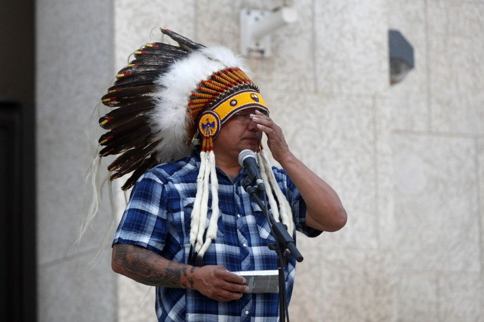 Chief Wally Burns of the James Cree Nation speaks during a vigil for the stabbing attack victims in Prince Albert, Saskatchewan, Canada, on September 7, 2022.