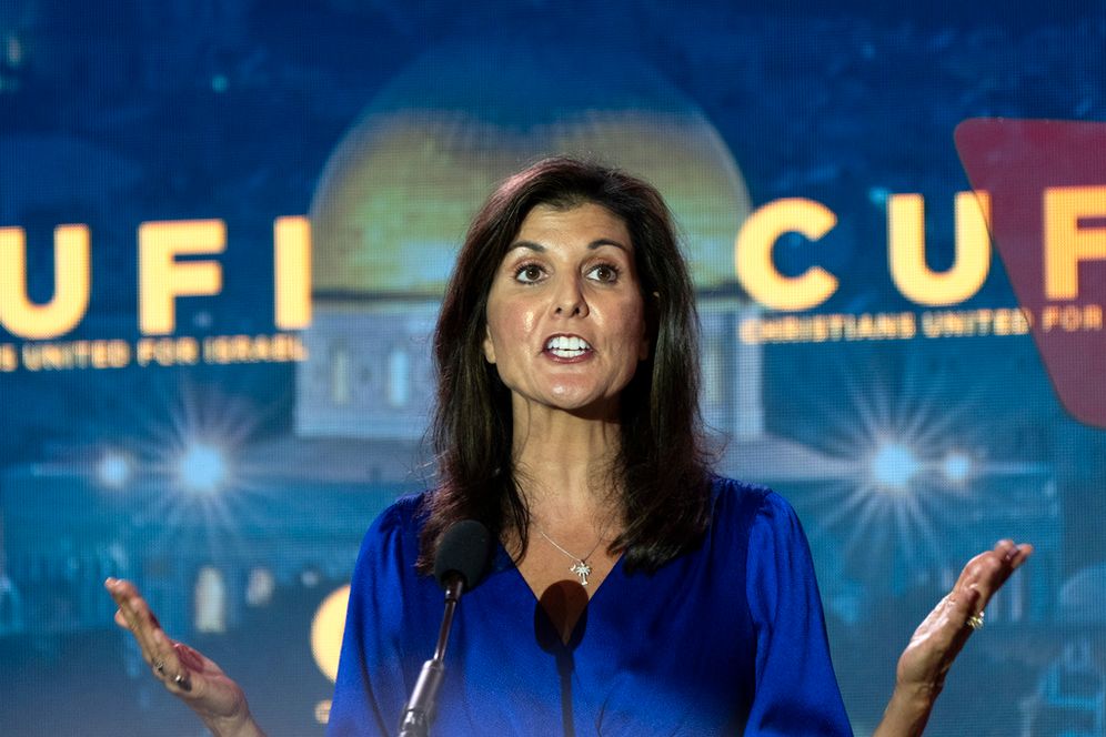 Republican presidential candidate and former South Carolina Governor Nikki Haley speaks at the Christians United For Israel (CUFI) "Night to Honor Israel" during the CUFI Summit 2023.