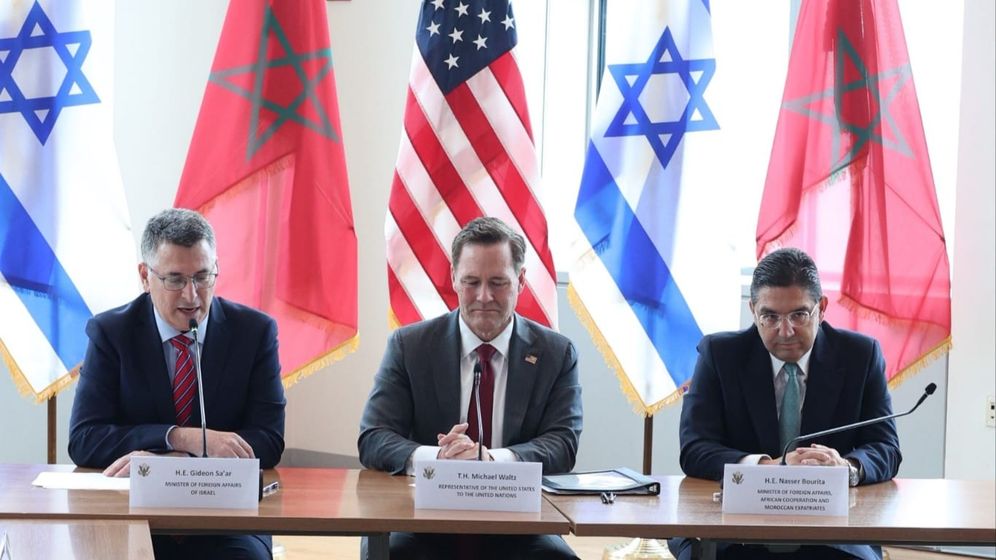 Ministry of Foreign Affairs of Israel Israeli Foreign Minister Gideon Sa'ar, his Moroccan counterpart Nasser Bourita, and US Ambassador to the United Nations Mike Waltz in New York on September 16, 2026.