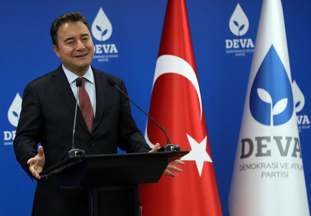 Leader of the Democracy and Progress Party (DEVA) Ali Babacan speaks as he gives a press conference after a meeting at the DEVA party headquarters in Ankara, Turkey, on October 5, 2021.