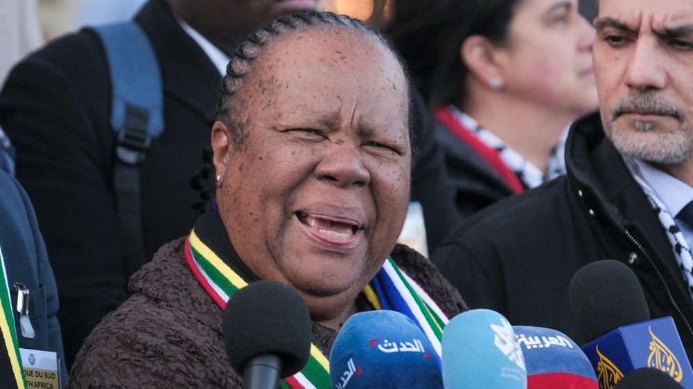 South Africa's Foreign Minister Naledi Pandor addresses reporters after session of the International Court of Justice, or World Court, in The Hague, Netherland