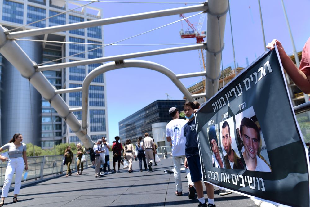 A rally calling for the return of the bodies of Israeli soldiers Oron Shaul and Hadar Goldin and Hamas prisoners, outside the urban military base in Tel Aviv, Israel, on July 8, 2021.