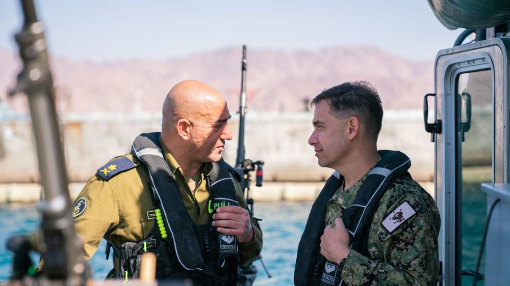 Commander of the Israeli Navy Vice Adm. David Saar Salama, left, and United States Navy Vice Adm. Brad Cooper, commander of US Naval Forces Central Command, during the "Intrinsic Defender" naval exercise that started on March 27, 2022.