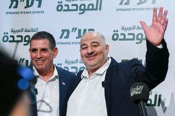 Head of Ra'am Mansour Abbas holds a joint press conference with new party member Yoav Segalovich in Nazareth. August 31, 2026. 