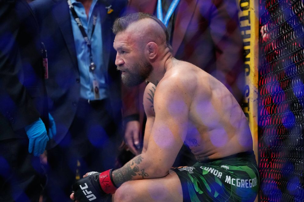 (AP Photo/John Locher) Conor McGregor reacts after losing to Max Holloway in a welterweight fight at the UFC 329 mixed martial arts event Saturday, July 11, 2026, in Las Vegas