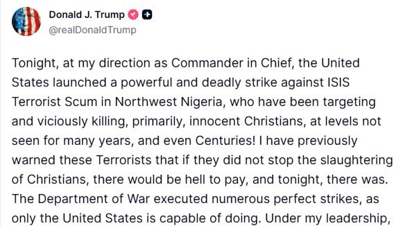 Trump says U.S. carried out strikes against Islamic State terrorists in Nigeria