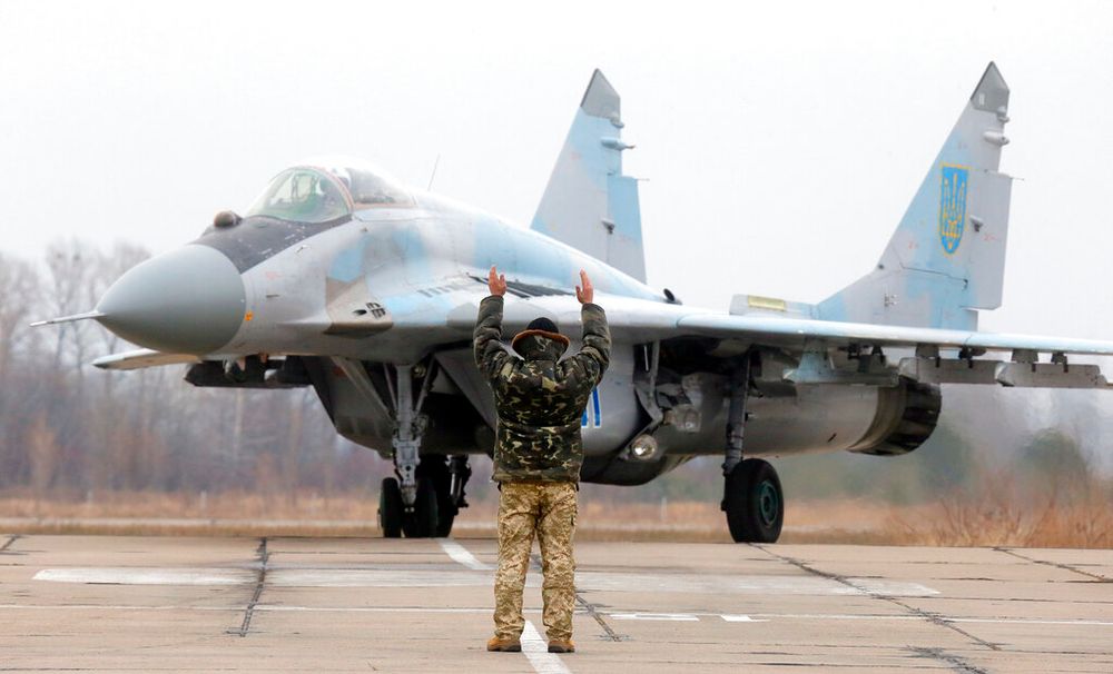 A Ukrainian MIG-29 fighter jet is parked at the Vasilkov air base outside Kyiv, Ukraine.
