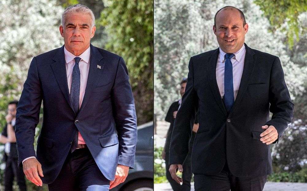 A combination of pictures taken on May 5, 2021 shows (L to R) leader of Israel's Yesh Atid party Yair Lapid, and leader of the Yamina party Naftali Bennett, arriving at the Israeli President's residence in Jerusalem.