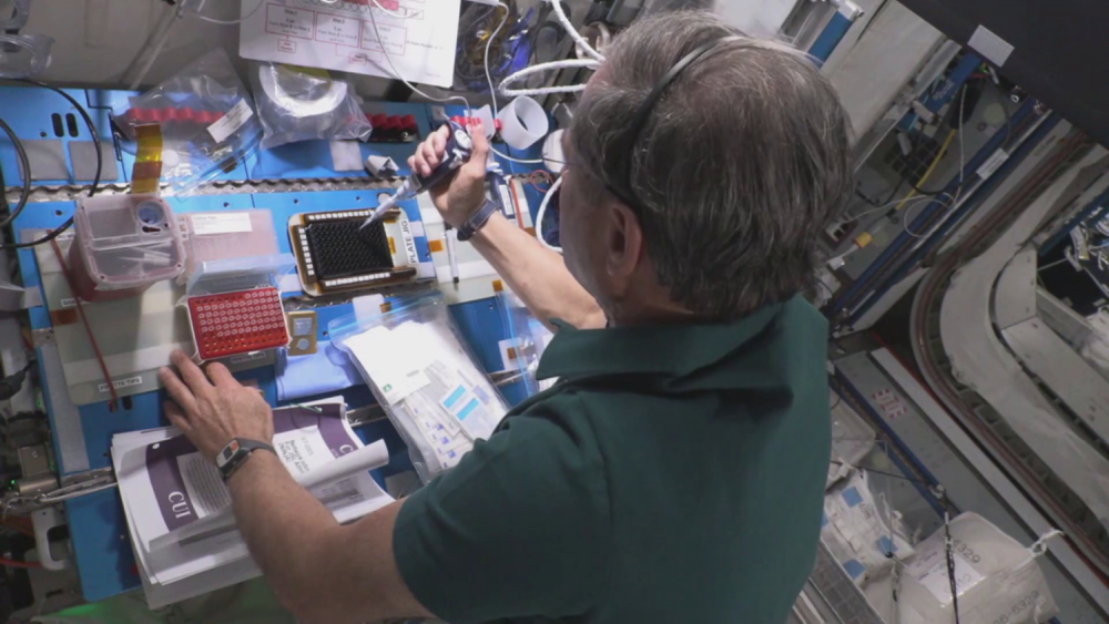 Eytan Stibbe performing the experiment on the International Space Station.