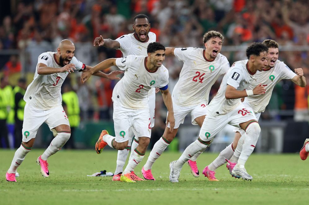 The Moroccan team starts to celebrate after winning on penalty kicks the World Cup round of 32 soccer match between the Netherlands and Morocco in Guadalupe, near Monterrey, Mexico, Monday, June 29, 2026. 
