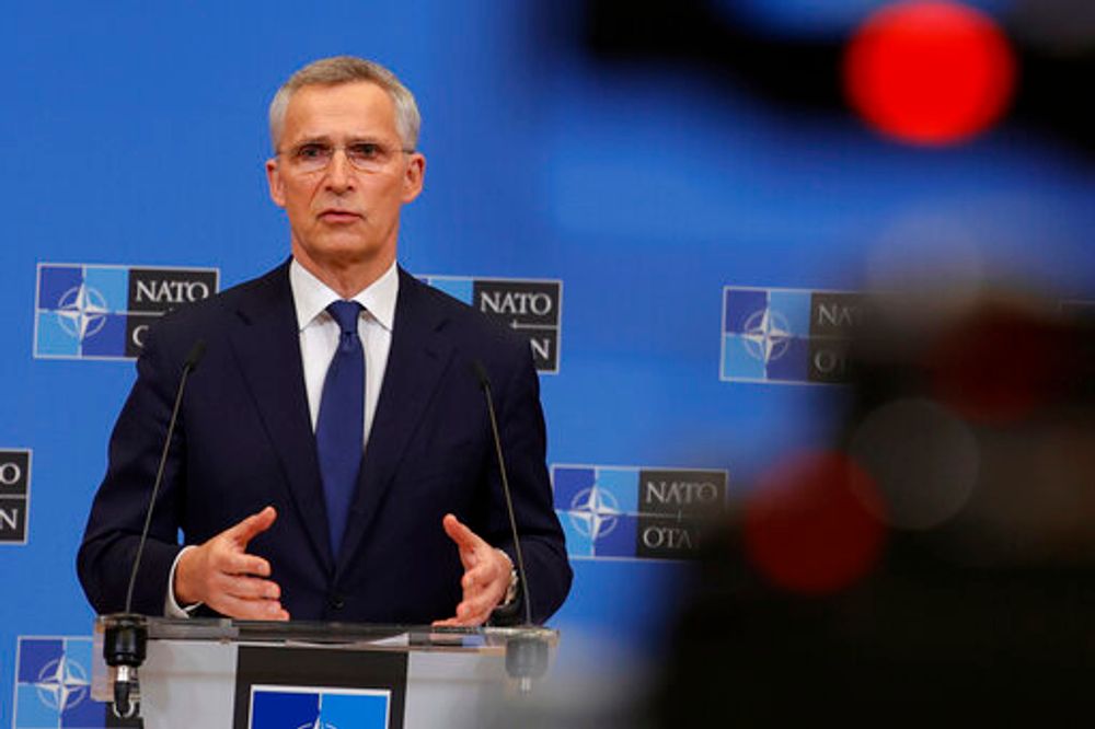 NATO Secretary-General Jens Stoltenberg speaks during a media conference at NATO headquarters in Brussels, Belgium, April 7, 2022.