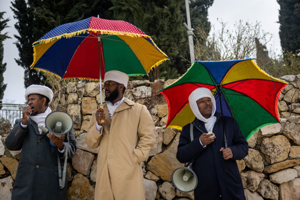 Members of the Jewish Ethiopian community protest outside the Prime Minister's office in Jerusalem, February 20, 2022.