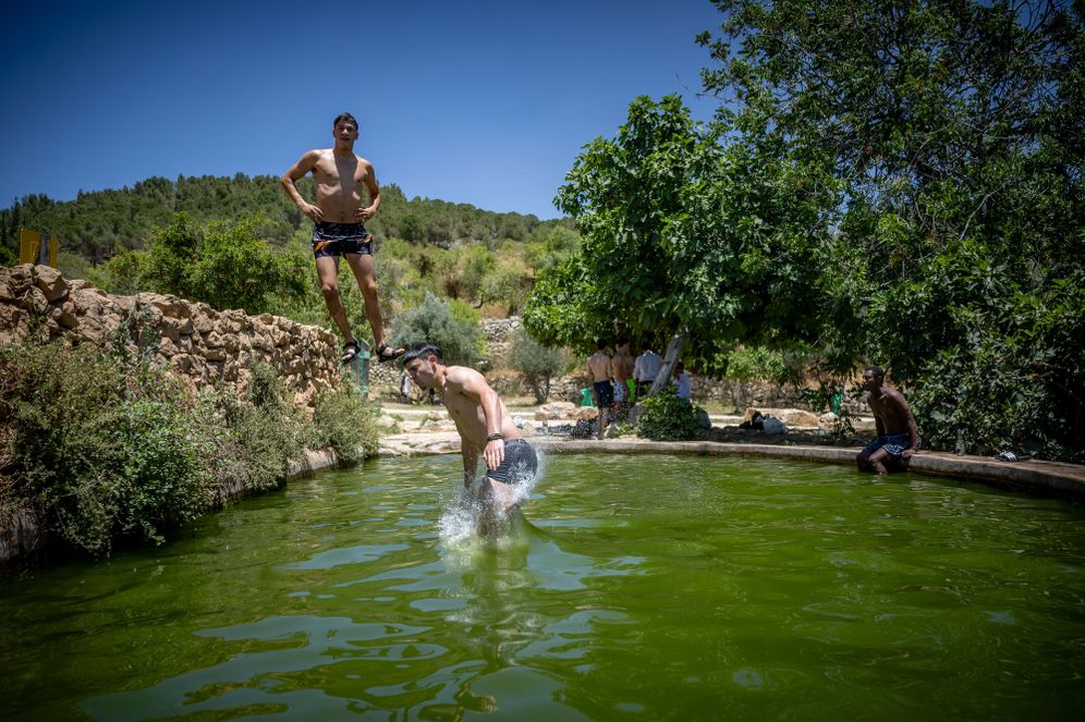 יונתן זינדל / פלאש 90 קופצים למעיין עין לבן ביום חם, ארכיון