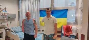 Ukrainian soldiers Oleg Pinkovskiy (L) and Victor Kaplun at Ichilov Hospital in Tel Aviv, Israel.