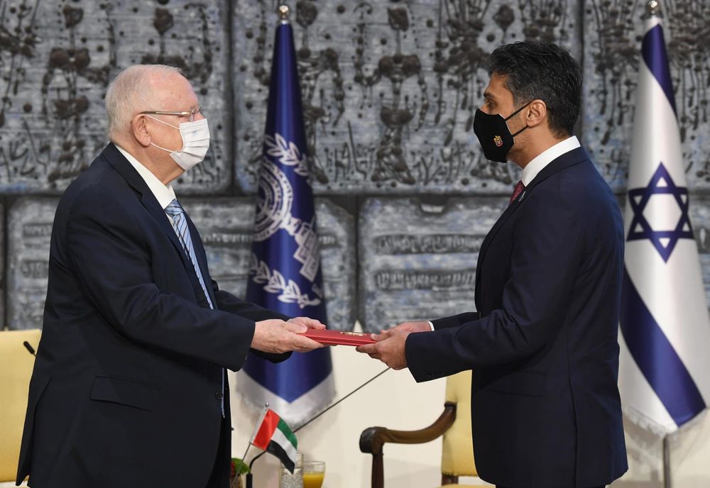 Israeli President Reuven Rivlin receives letters of credence from first ever Emirati Ambassador to Israel Mohamed Mahmoud Fateh Ali Al Khaja in official ceremony in Jerusalem, on March 1, 2021.