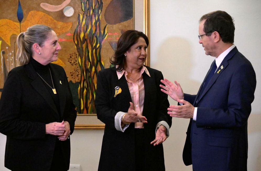 (L-R) First Lady Michal Herzog, UN Special Representative of the Secretary-General on Sexual Violence Pramila Patten, and Preident Isaac Herzog
