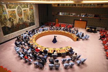 Members of the UN Security Council listen during a meeting at the United Nations Headquarters in New York City, United States.