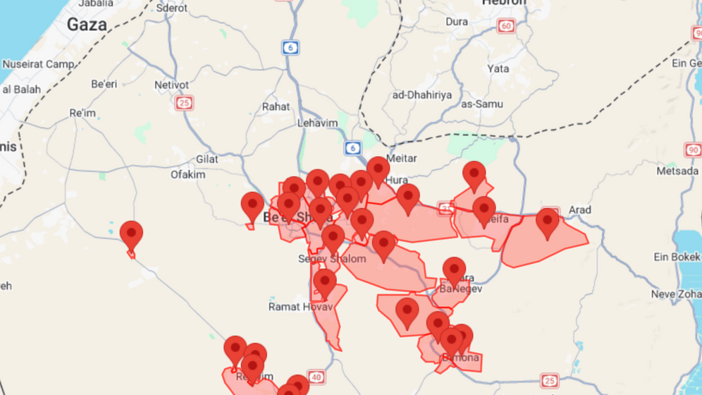 Tzofar app / screenshot Sirens in southern Israel from incoming Iran barrage