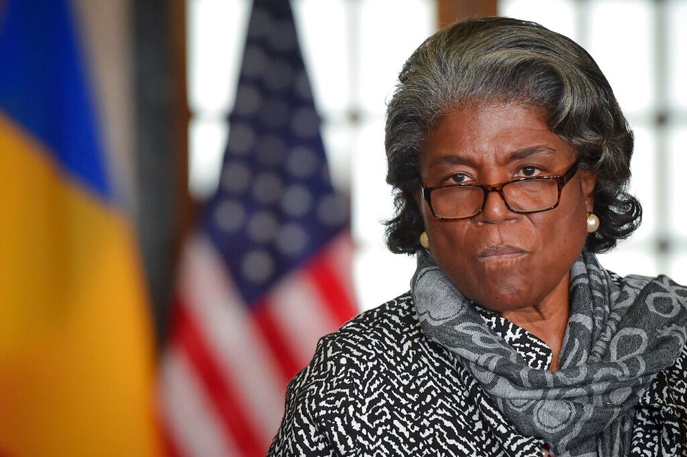 Linda Thomas-Greenfield, the United States ambassador to the United Nations, speaks during a press conference in Gara de Nord, the main railway station in Bucharest, Romania, on April 4, 2022.