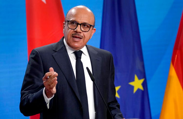 The Foreign Minister of Bahrain, Abdullatif bin Rashid Al-Zayani, addresses the media during a joint press conference after a meeting in Berlin, Germany, on August 11, 2021.