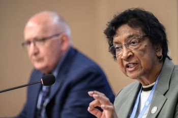 South Africa's Navi Pillay (right), chair of the independent United Nations Commission of Inquiry on the Occupied Palestinian Territories, speaks next to commission member Chris Sidoti 