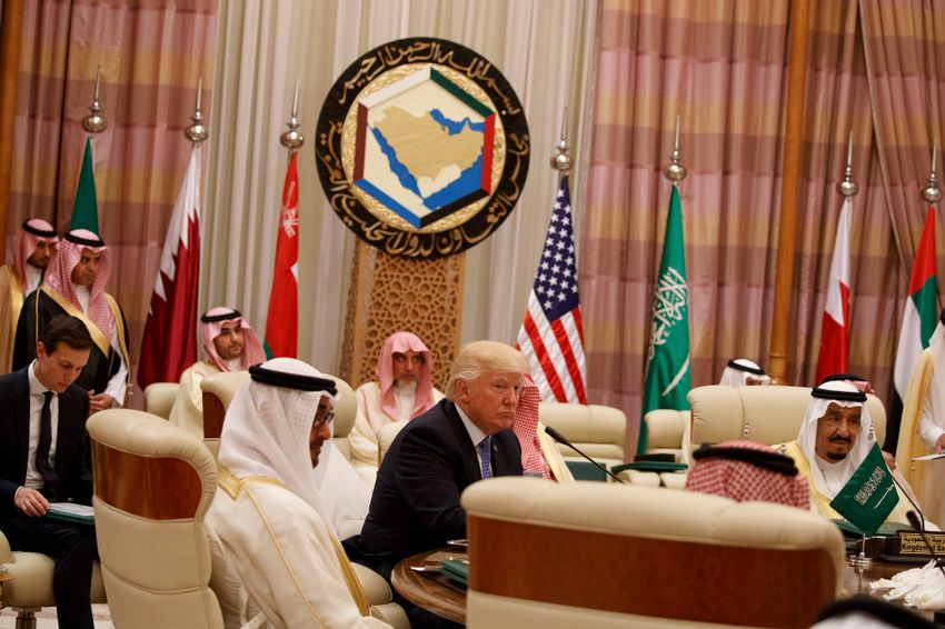 U.S. President Donald Trump participates in a meeting with leaders at the Gulf Cooperation Council Summit, at the King Abdulaziz Conference Center, Sunday, May 21, 2017, in Riyadh, Saudi Arabia