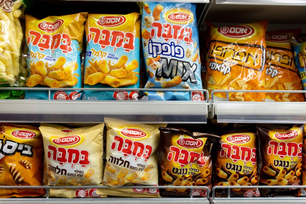 Products from Osem, a food distributor and manufacturer in Israel, are displayed on a shelf in a grocery store on December 29, 2021 in Jerusalem.