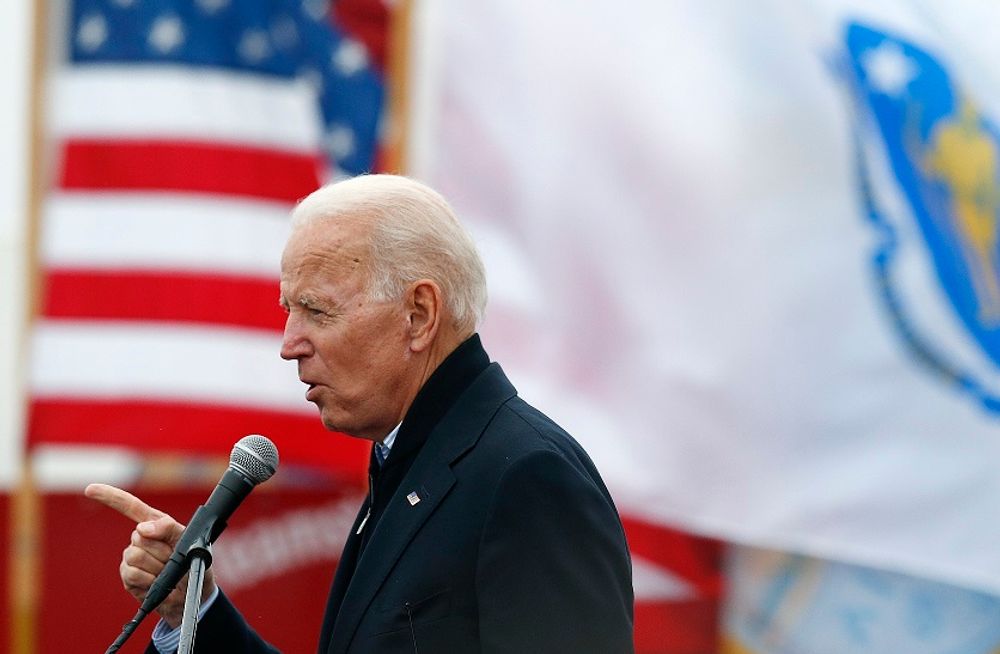 In this April 18, 2019, file photo, former vice president Joe Biden speaks at a rally in support of striking Stop & Shop workers in Boston.