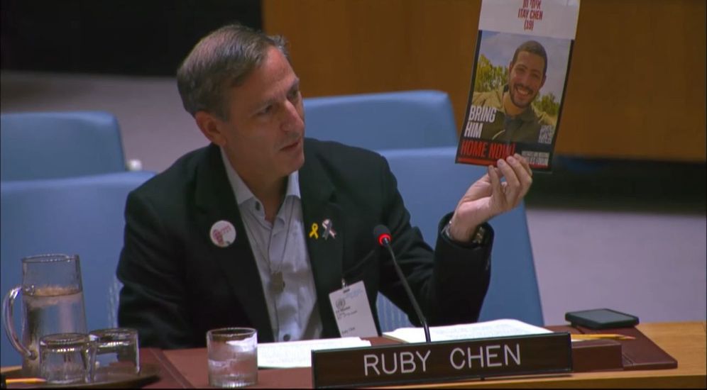 Ruby Chen, father of kidnapped soldier Itay Chen, during a UN session on the return of the bodies of hostages kidnapped in Gaza