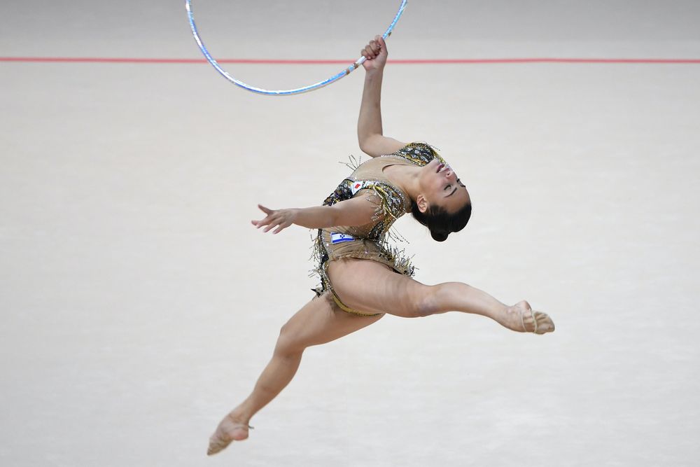 Gold medalist Israeli gymnast Linoy Ashram competes in the senior individuals all-around final event during the 36th European Rhythmic Gymnastics Championships in Kyiv on November 29, 2020.
