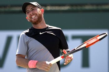 Dudi Sela of Israel playing against the UK's Kyle Edmund during the BNP Paribas Open at the Indian Wells Tennis Garden on March 11, 2018 in Indian Wells, California.