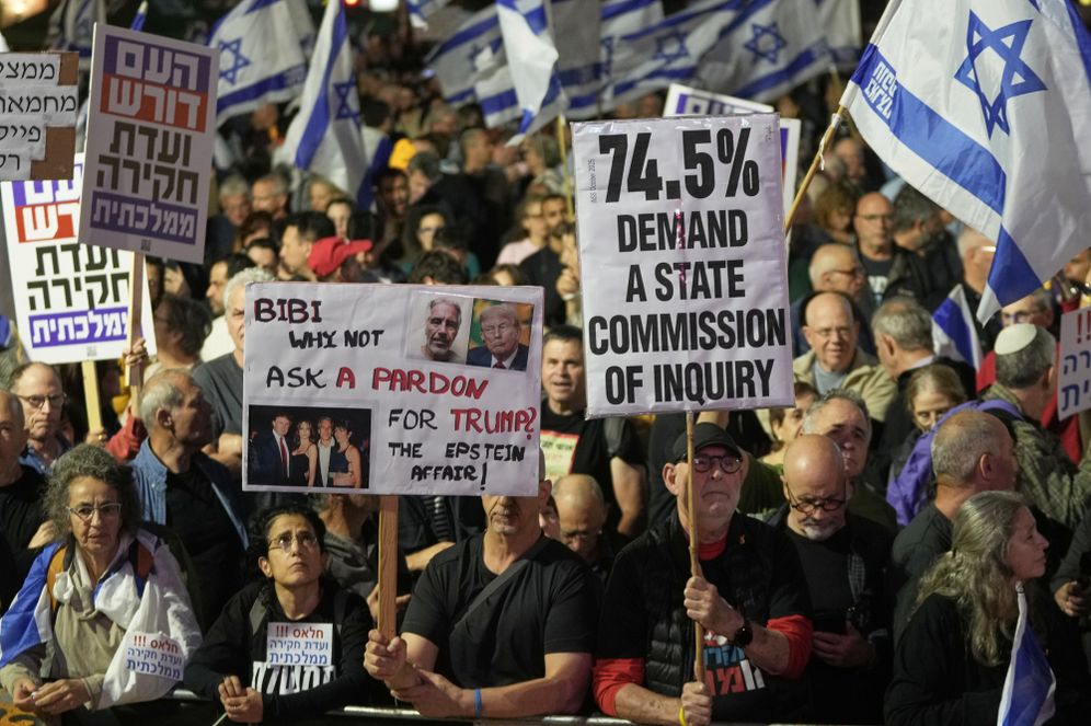 People gather at Habima square in Tel Aviv, on Nov. 15, 2025, to take part in a protest against Prime Minister Benjamin Netanyahu's government and call for a state commission of inquiry to investigate the events of Hamas attack of October 7