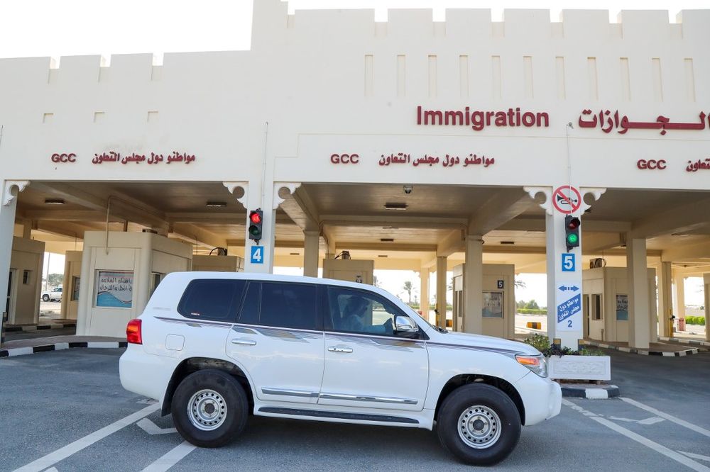 A car crossing the Qatari side of the Abu Samrah border into Saudi Arabia following the opening of crossings between the two countries on January 9, 2021.