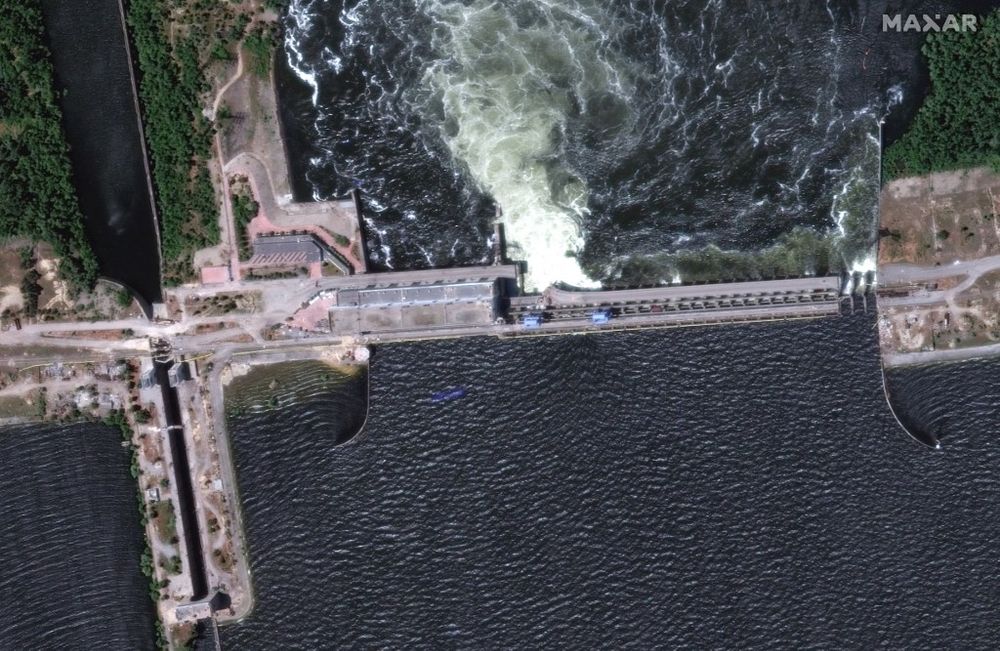 This handout satellite image courtesy of Maxar technologies shows the Kakhovka Hydroelectric Power Station, southern Ukraine.