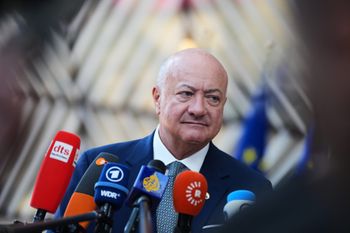 Austria's Chancellor Christian Stocker talks to journalists as he arrives for the EU summit in Brussels, Friday, June 19, 2026. 
