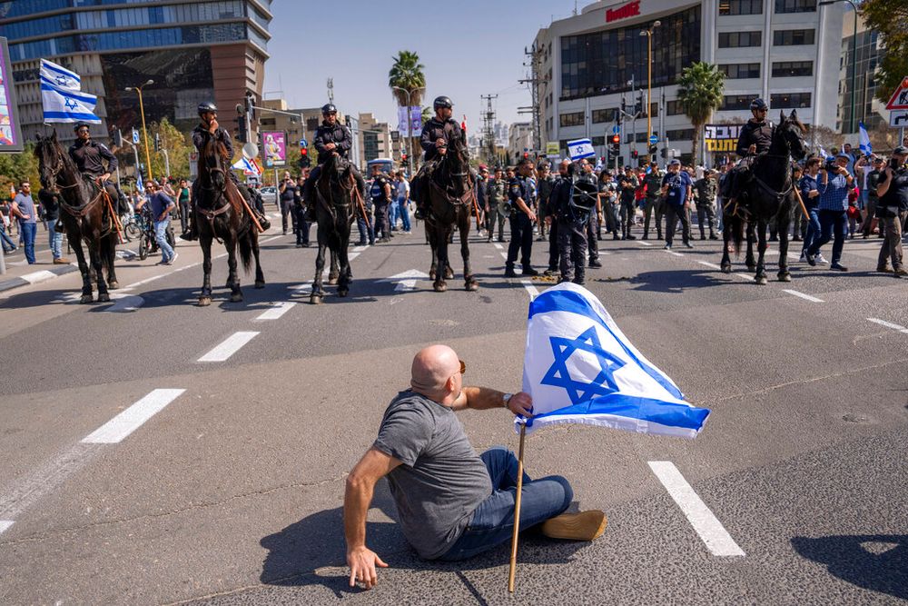 Mounted police are deployed as Israelis protest in Tel Aviv, Israel.