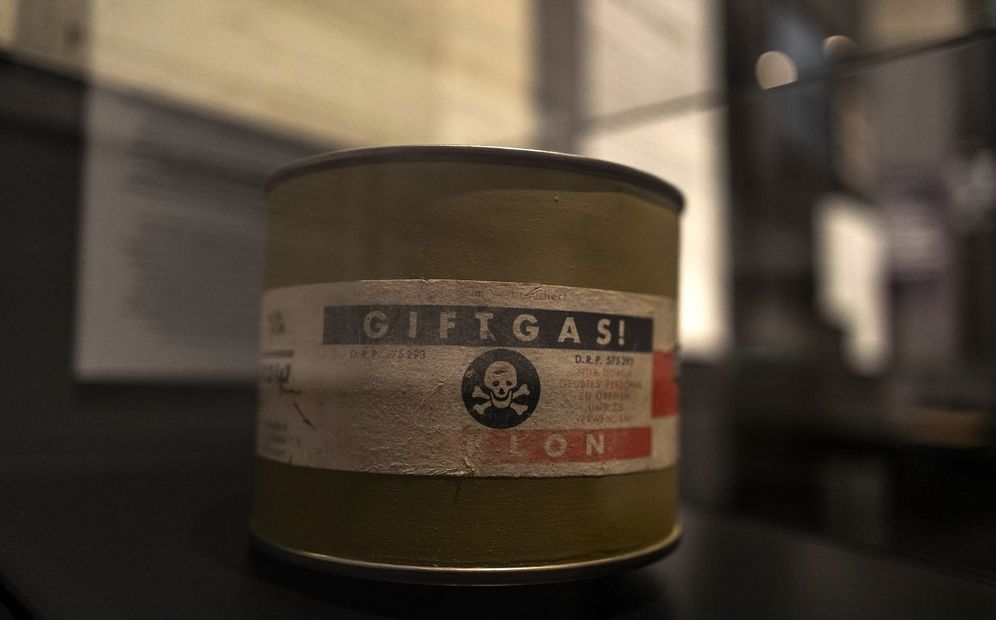 A canister of Zyklon B gas, used to kill inmates in various Nazi death camps, on display at the German History Museum in Berlin, January 22, 2020.