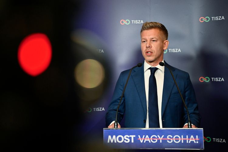 Peter Magyar, leader of the opposition Tisza party, speaks to the media after polls closed, during the Hungarian parliamentary election in Budapest, Hungary, Sunday, April 12, 2026