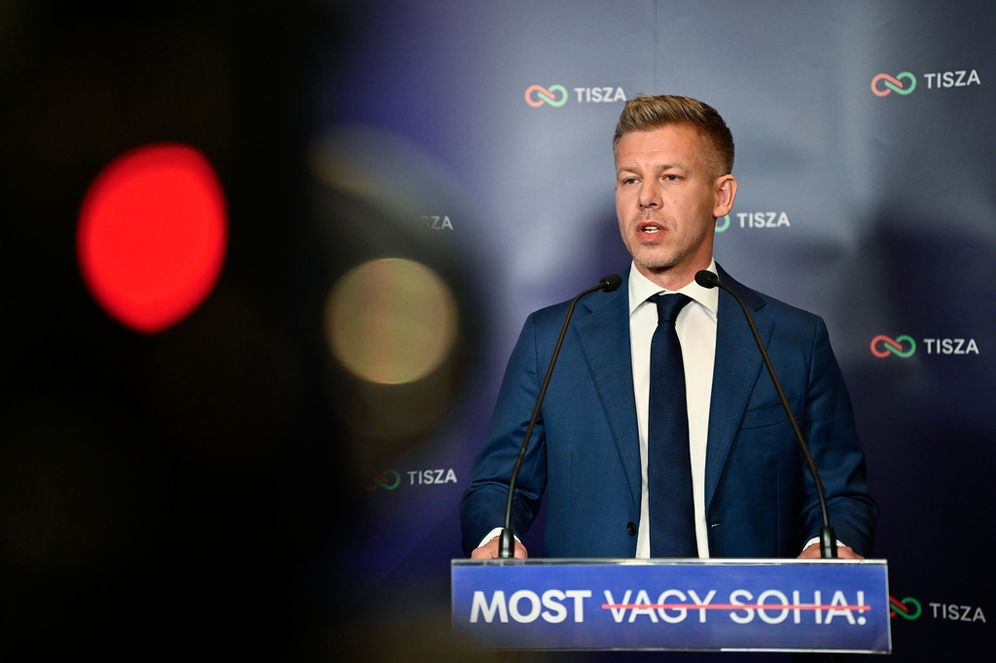 Peter Magyar, leader of the opposition Tisza party, speaks to the media after polls closed, during the Hungarian parliamentary election in Budapest, Hungary, Sunday, April 12, 2026