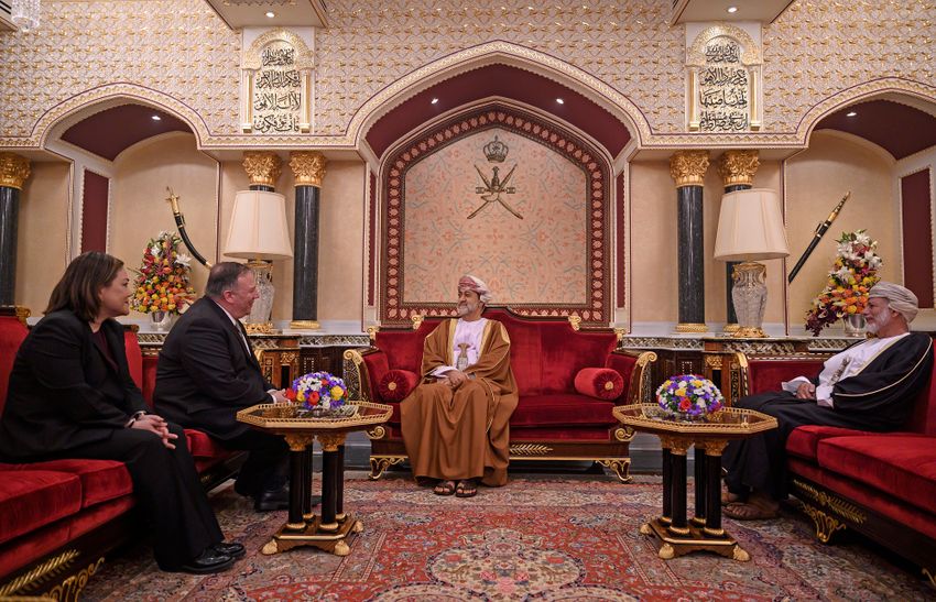 Oman's Sultan Haitham bin Tariq, center, meets with US Secretary of State Mike Pompeo, at al-Alam palace in the capital Muscat, Friday Feb. 21, 2020