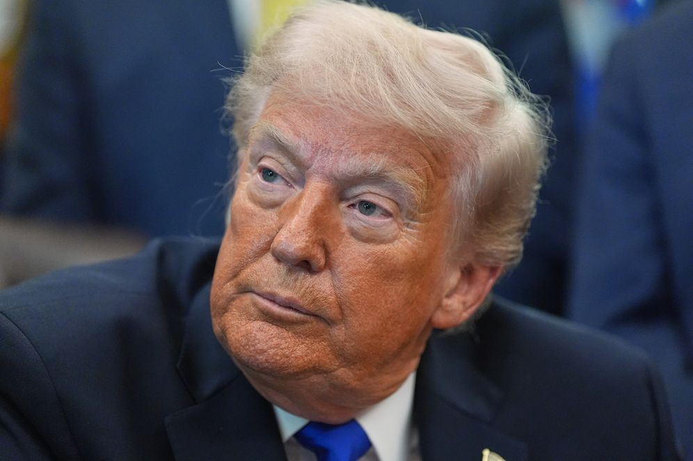 President Donald Trump speaks to reporters in the Oval Office of the White House, Thursday, April 30, 2026, in Washington