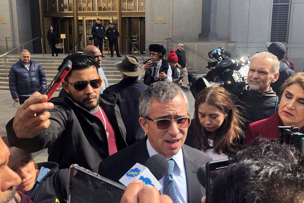 Tony Hernandez’s lawyer speaks outside federal court in New York on Oct. 18, 2019. The brother of Honduran President Juan Orlando Hernandez was convicted in a massive drug conspiracy that prosecutors say was protected by the government.