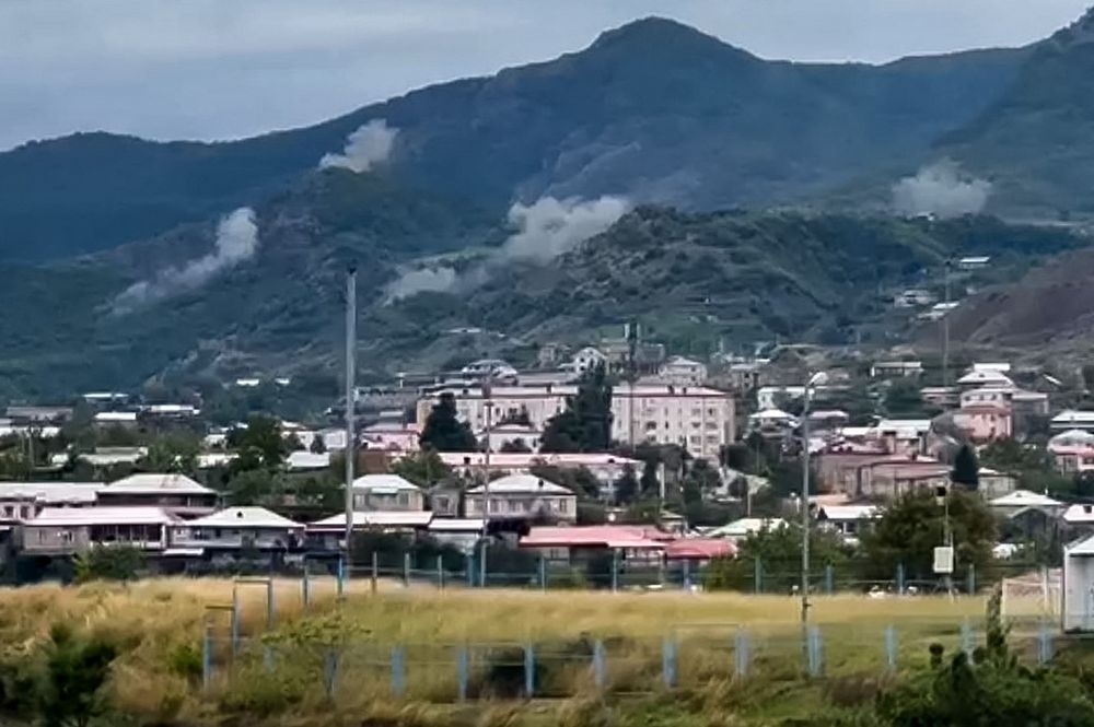 Smoke rising from artillery strikes on a hilltop outside Stepanakert, the capital of Nagorno-Karabakh.