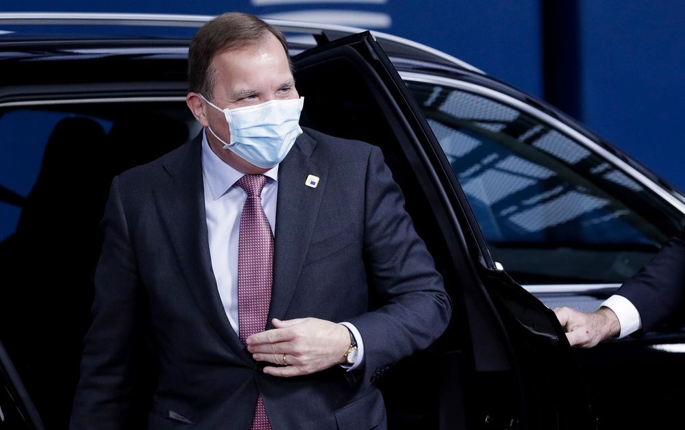 Sweden's Prime Minister Stefan Lofven arrives for an EU summit in Brussels, on October 16, 2020.