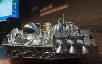 A model in scale 1:3 of the landing unit Schiaparelli of the European-Russian ExoMars 2016 mission is seen at the ESA space operation center in Darmstadt, Germany, on October 19, 2016.