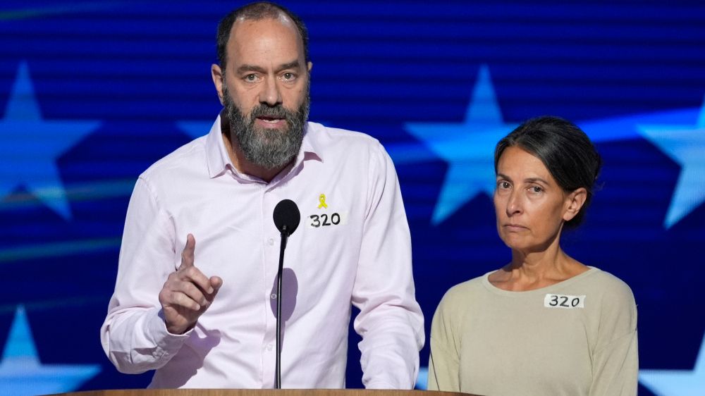 Rachel Goldberg and Jon Polin speak at the Democratic National Convention in Chicago, Illinois