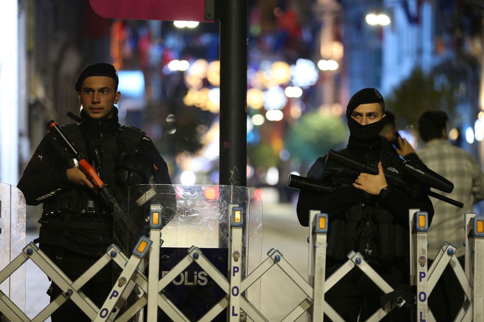 Police officers stand guard in Istanbul, Turkey